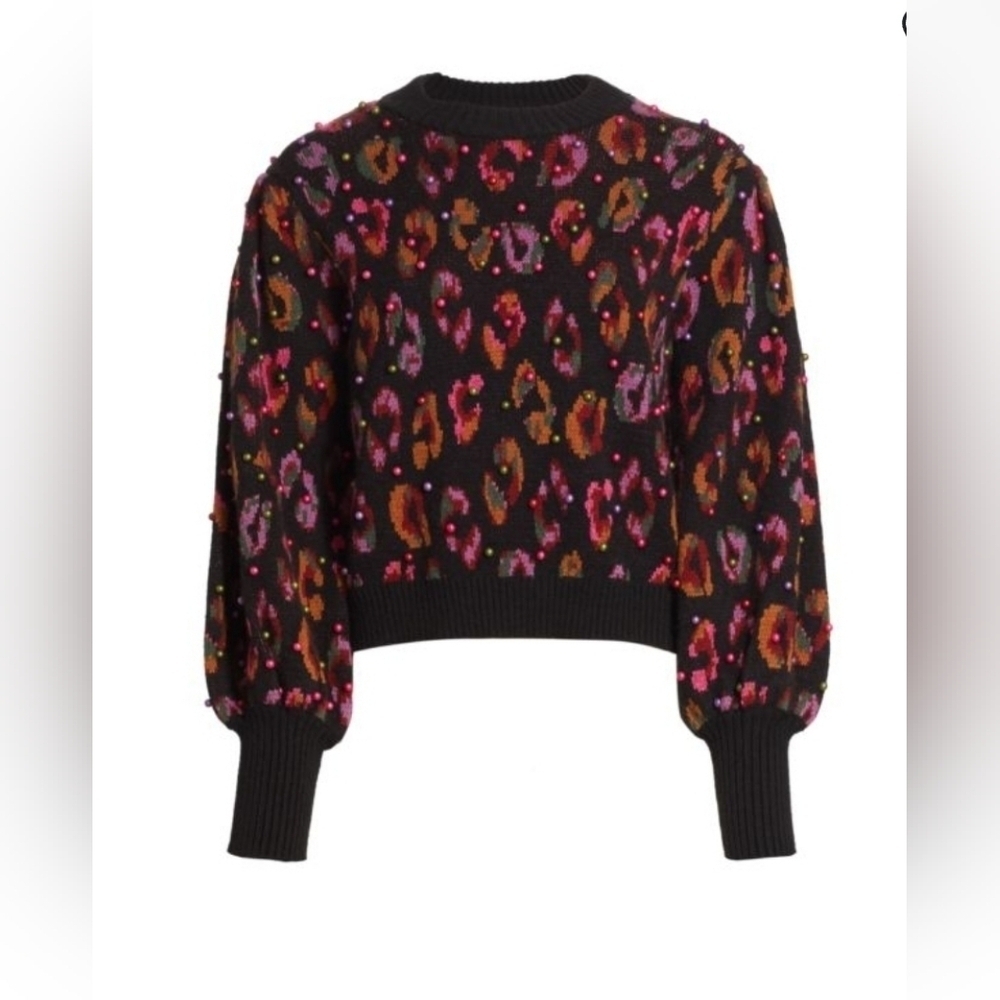 Farm Rio Beaded Leopard Pattern Sweater Size M